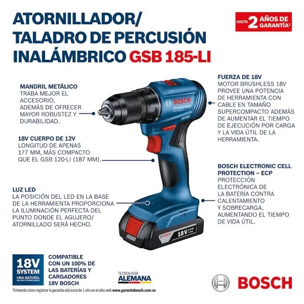 Kit Taladro Percutor GSB 185-LI + Llave de Impacto GDR 18V-200 Brushless + 2 Baterías 2.0Ah Bosch