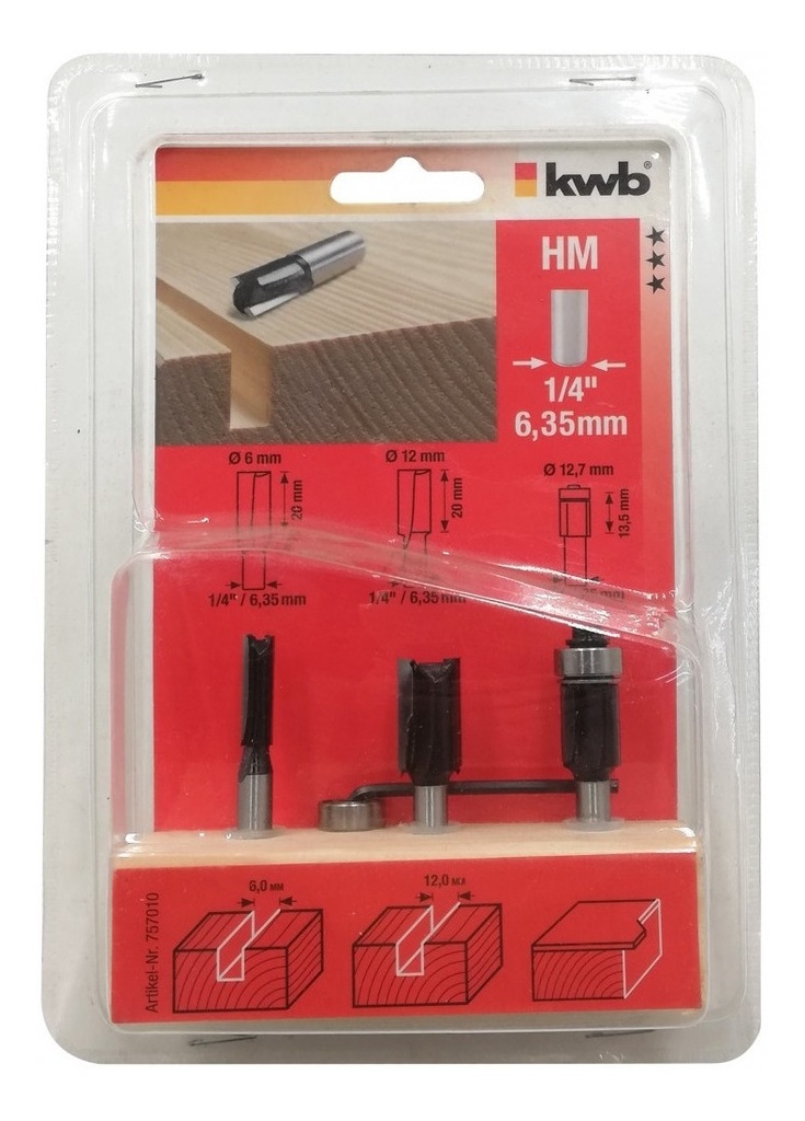 Set De 3 Fresas Recta Vástago 1/4 Para Fresadora Kwb 757010