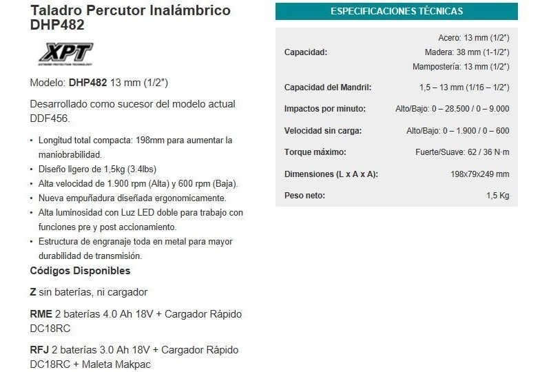 Taladro Percutor Inalambrico Makita 18v Dhp482rme