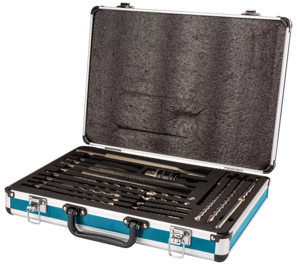 SET 18 UNIDADES (2 PUNTOS 3 CINCELES 12 BROCAS,MANDRIL 13MM + ADAPT.C/LLAVE) CAJA METAL