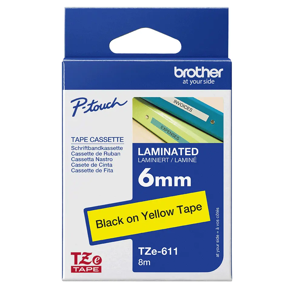 Cinta Laminada Brother TZe-611 Negro sobre Amarillo 6mm x 8m