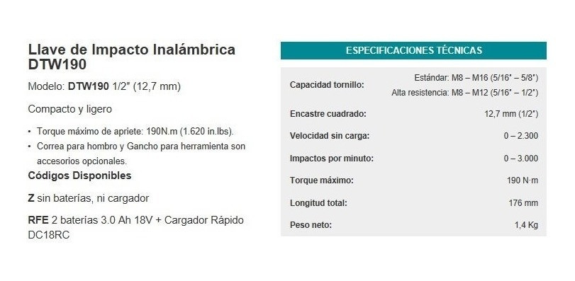 Llave de Impacto 1/2 - 2,300 rpm (Max. Torque 190 N.m) 1,4 kg.