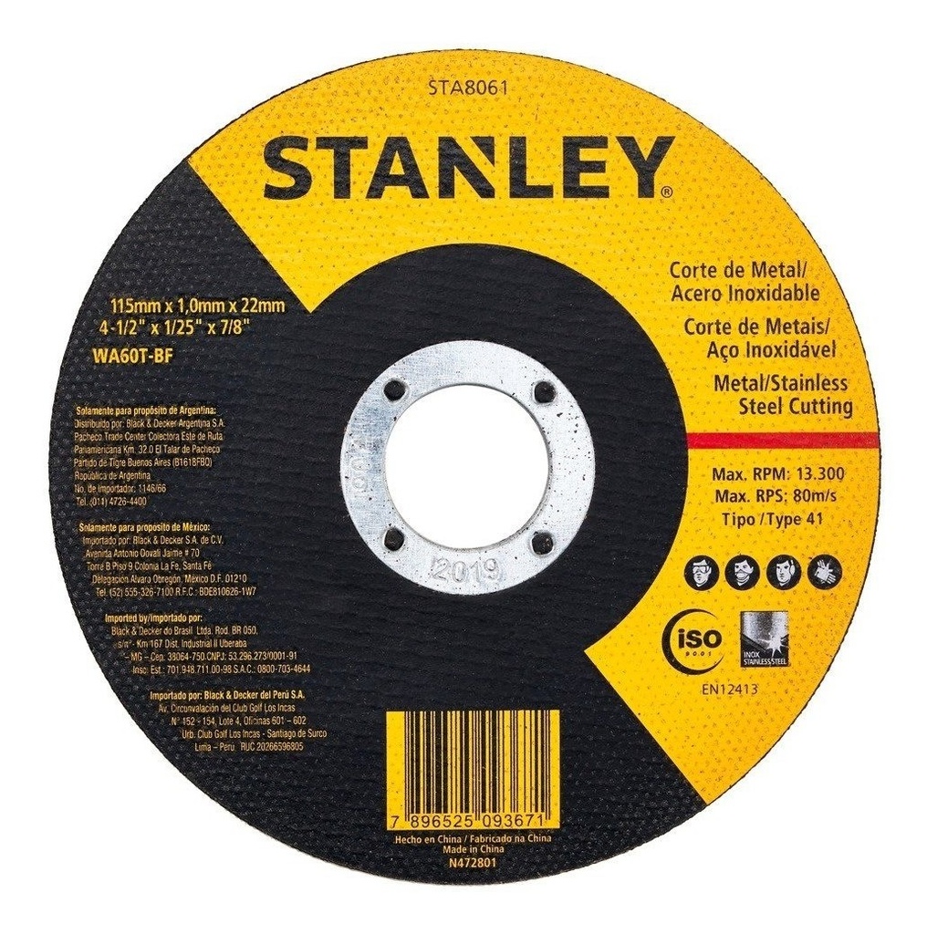 Disco de corte metal Inoxidable 4.5 Stanley 1 mm