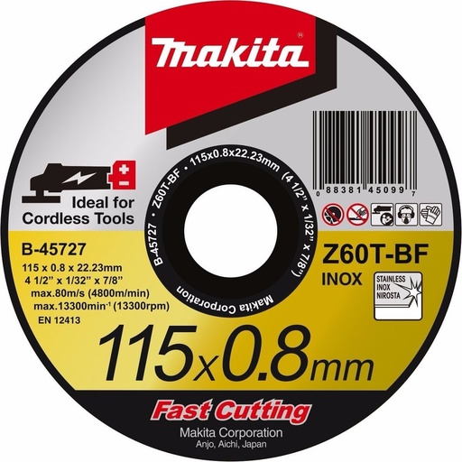 [E-10861] Disco Corte Makita 4 1/2 Acero Inoxidable Z60T 0.8 mm E-10861