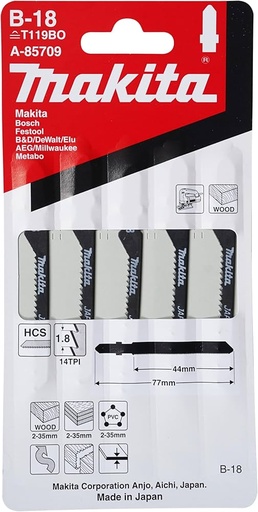 [A-85709] Set 5 hojas de caladora makita B-18 14T X 45mm  madera y plastico (Cortes curvos, scroll)