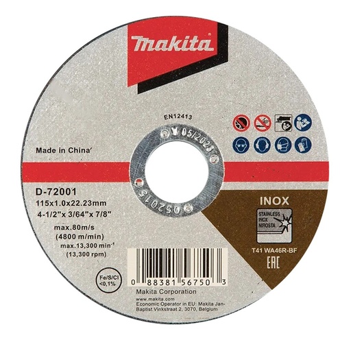 [D-72001] Disco corte makita 4 1/2  1 mm acero Inoxidable D-72001