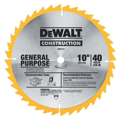 [DW3114] Disco Sierra 10'' - 40 dientes - Eje 5/8'' (16 mm) - Corte grueso/rápido madera